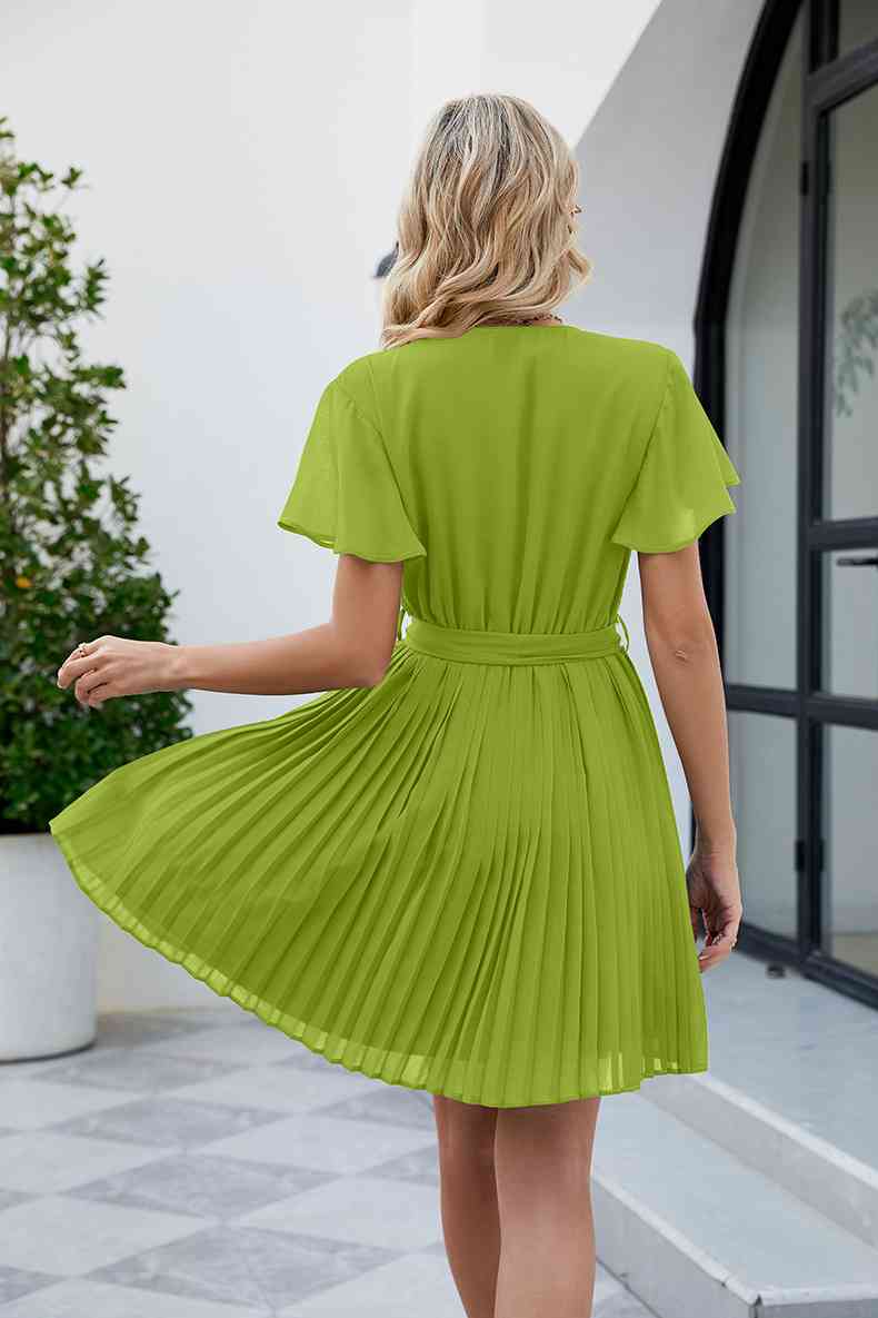 Surplice Neck Tie Waist Flutter Sleeve Pleated Dress