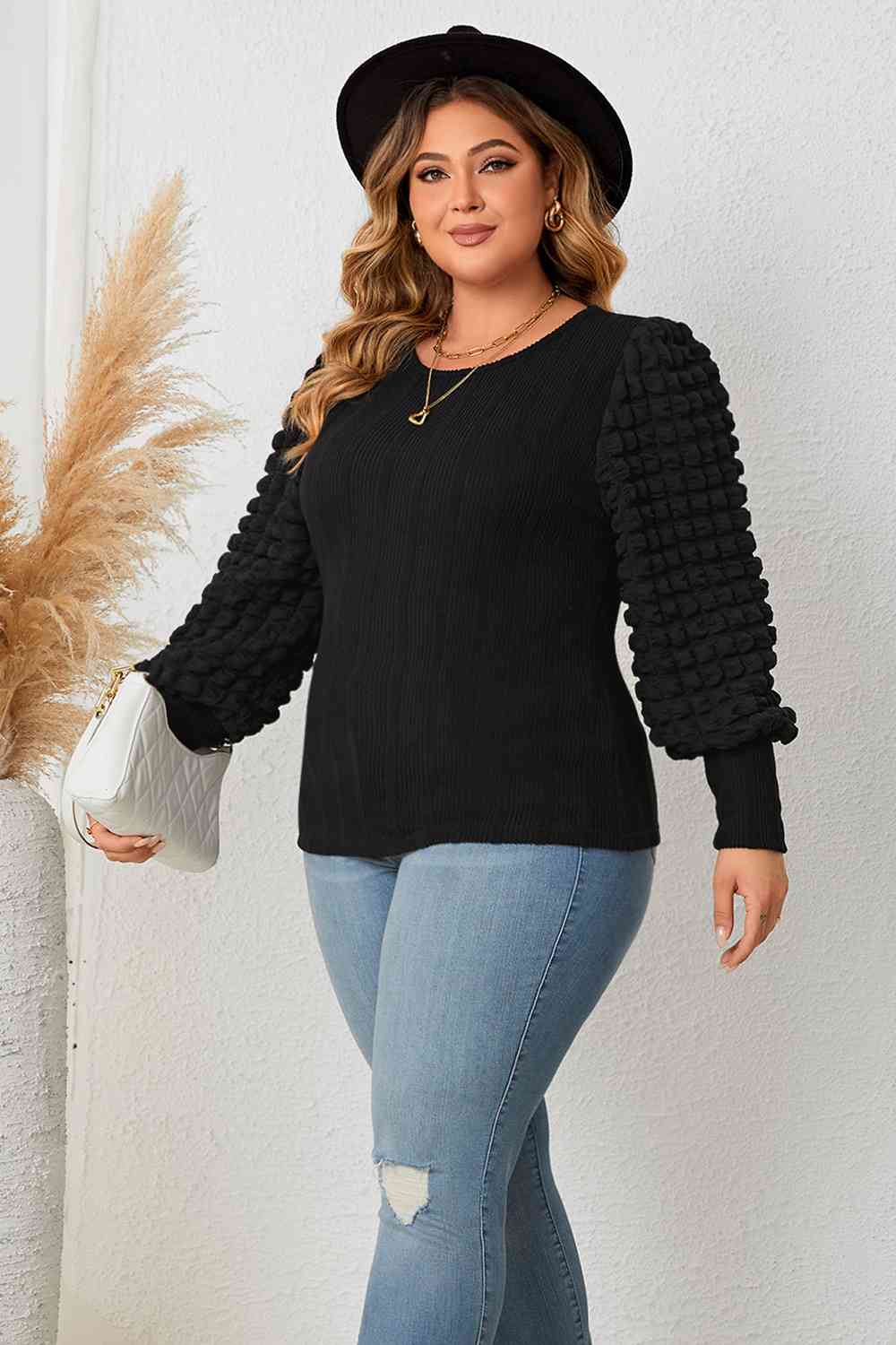 Plus Size Round Neck Lantern Sleeve Blouse