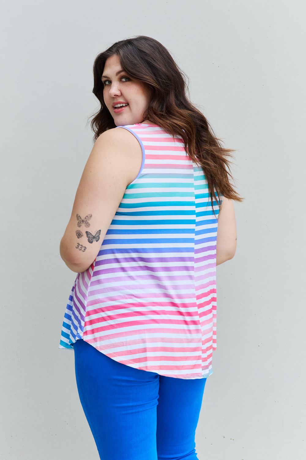 Heimish Love Yourself Full Size Multicolored Striped Sleeveless Round Neck Top