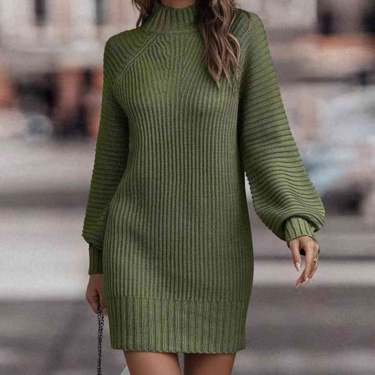 Mock Neck Lantern Sleeve Sweater Dress