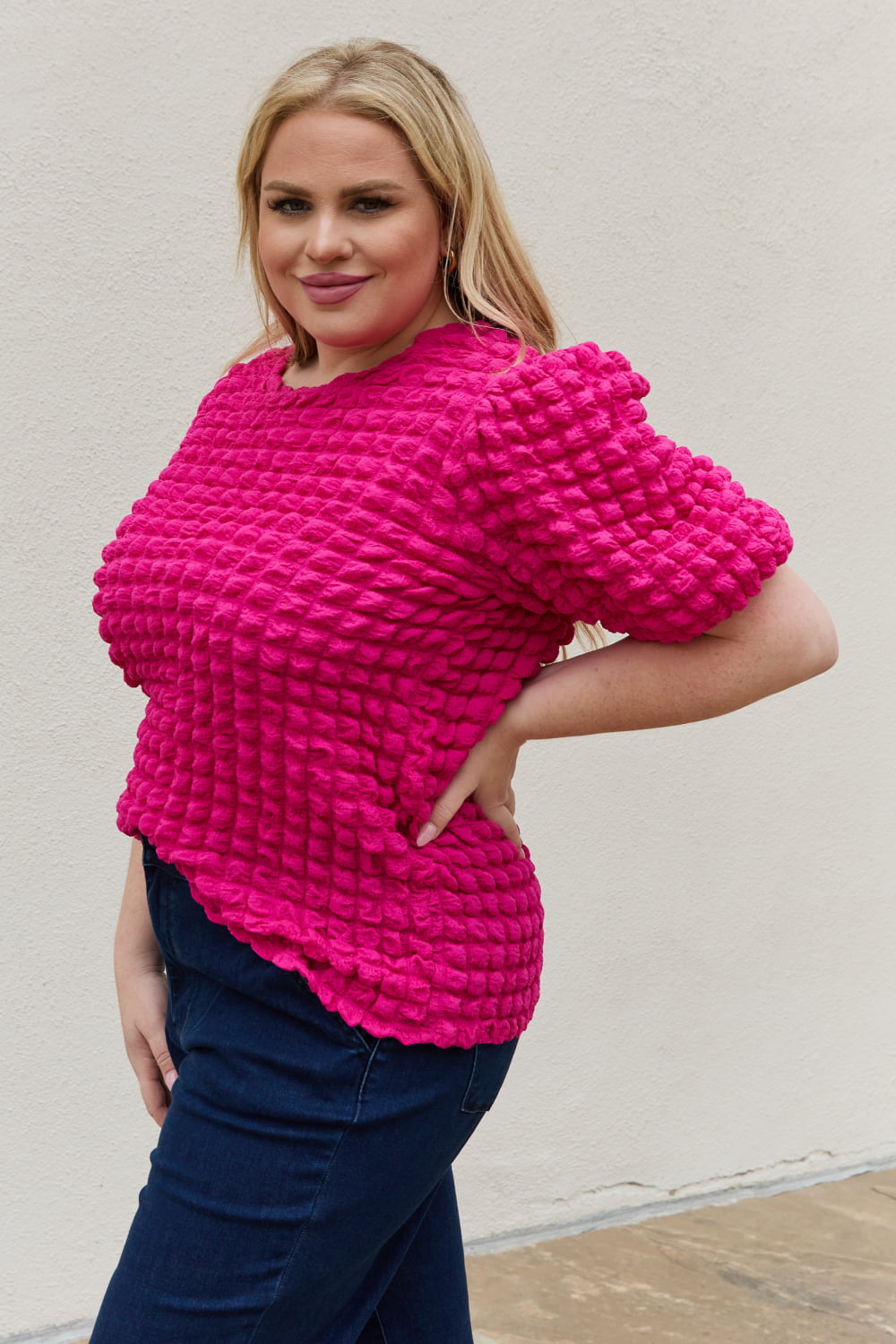 And The Why Full Size Bubble Textured Puff Sleeve Top