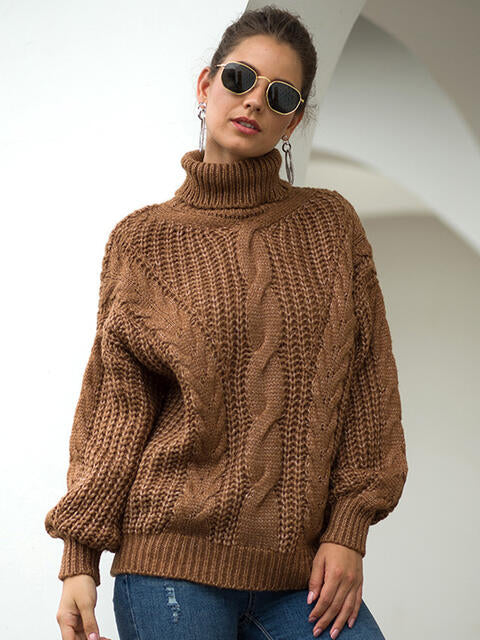 Turtleneck Cable-Knit Dropped Shoulder Sweater