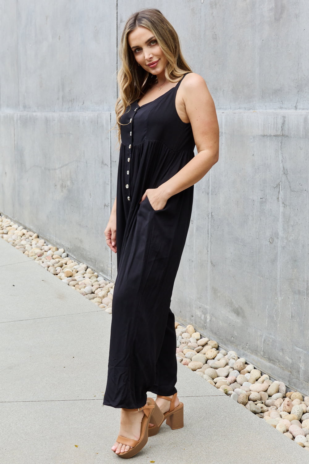 HEYSON All Day Full Size Wide Leg Button Down Jumpsuit in Black