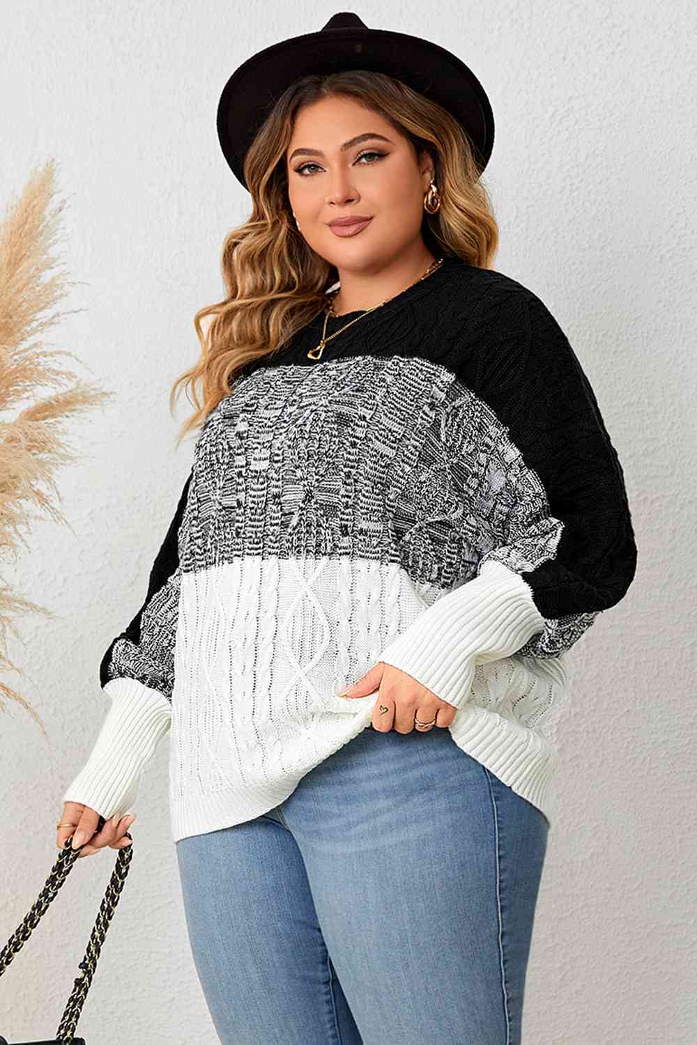 Plus Size Color Block Round Neck Cable-Knit Sweater