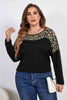 Melo Apparel Plus Size Leopard Trim Round Neck Long Sleeve Tee