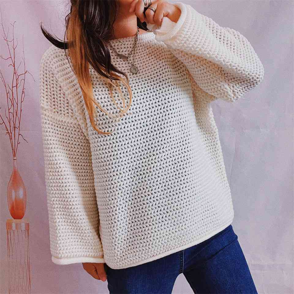 Openwork Boat Neck Long Sleeve Sweater