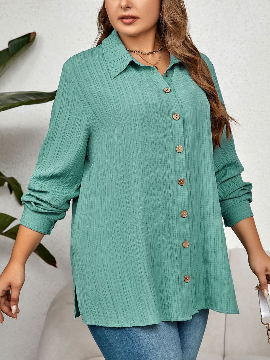 Plus Size Collared Neck Long Sleeve Shirt