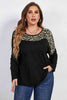 Melo Apparel Plus Size Leopard Trim Round Neck Long Sleeve Tee