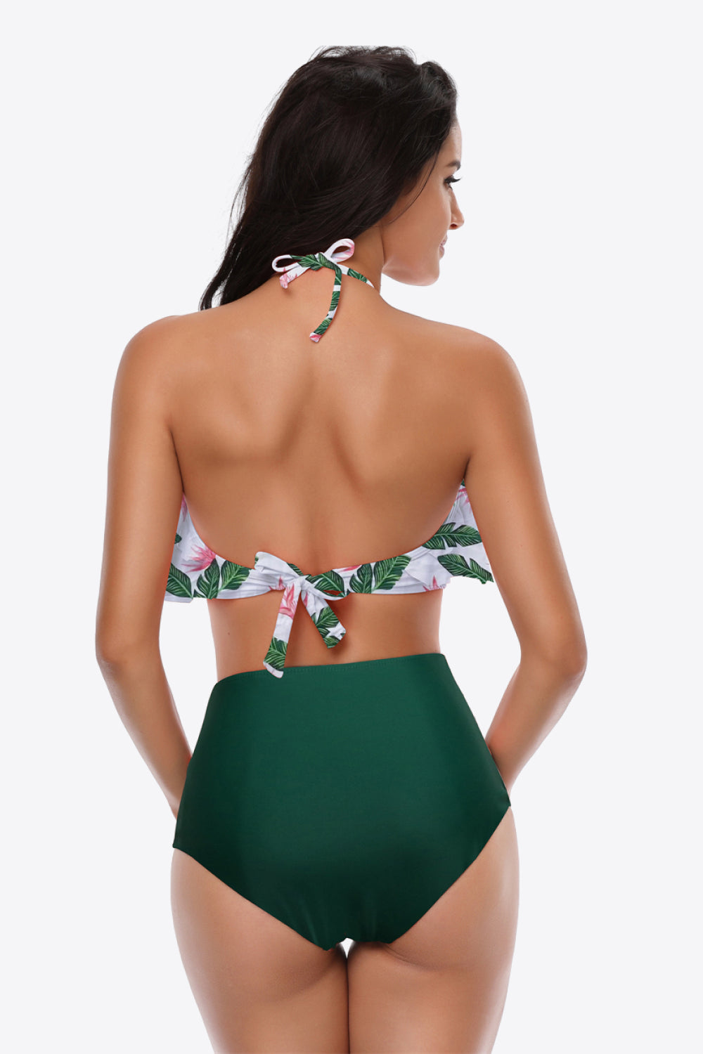 Two-Tone Ruffled Halter Neck Two-Piece Swimsuit