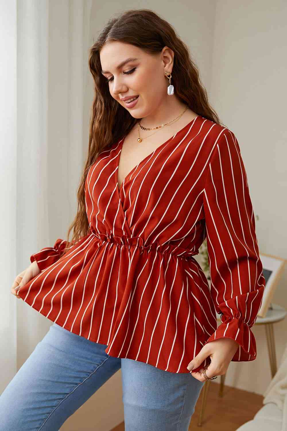 Melo Apparel Plus Size V-Neck Frill Trim Blouse