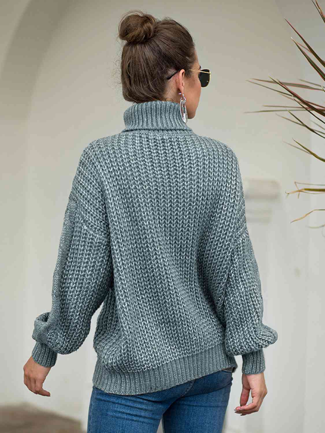 Turtleneck Cable-Knit Dropped Shoulder Sweater