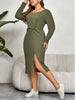 Plus Size Ribbed Round Neck Twisted Slit Midi Dress