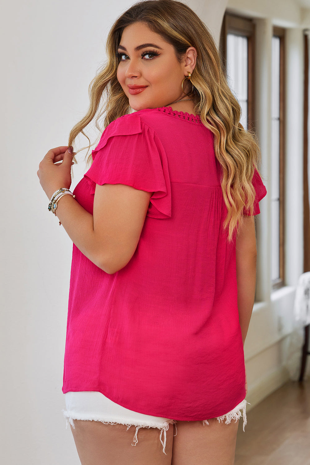 Plus Size Notched Neck Buttoned Flutter Sleeve Blouse