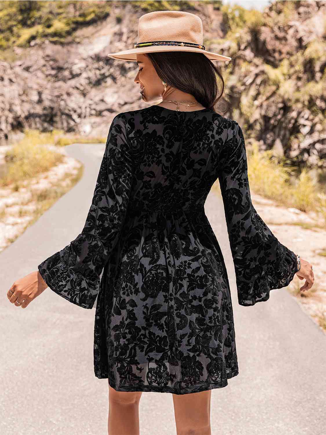 Floral V-Neck Flare Sleeve Mini Dress