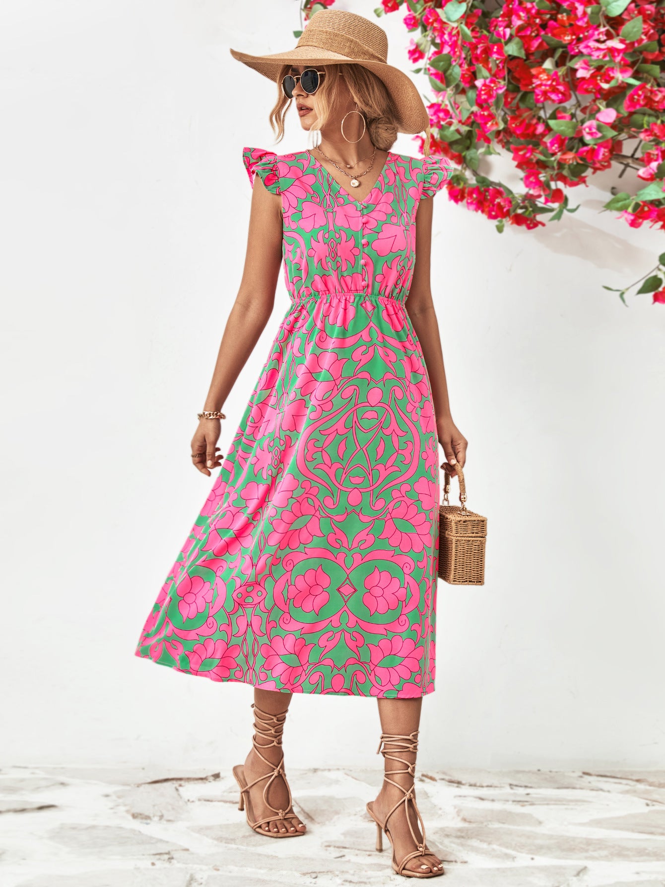 Floral V-Neck Cap Sleeve Dress